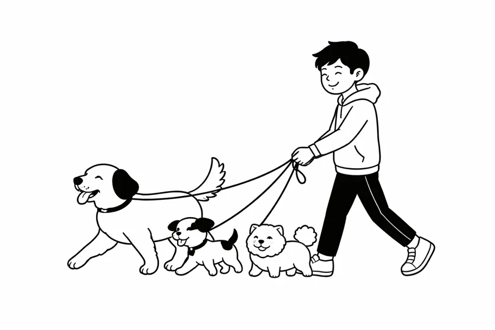 Hondenoppas laat meerdere honden uit tijdens een groepswandeling in Hoorn