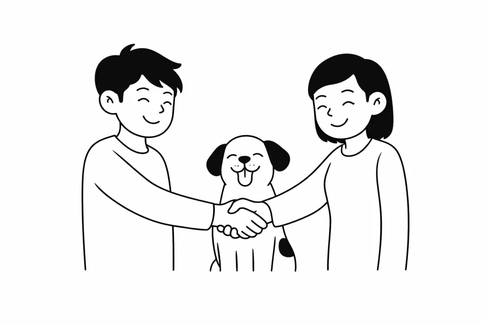 Kennismakingsgesprek bij Hondenoppas Hoorn — handen schudden terwijl een hond erbij staat